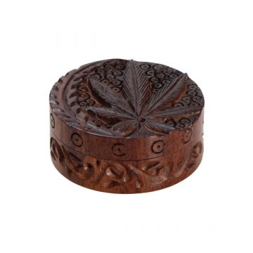 Rosewood Herb Grinder Carved Pot Leaf Lid | 2-part | 45mm wide