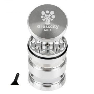 Grasscity Mills Aluminum Herb Grinder with Slotted Grip | 4-Part | Silver - Disassembled 