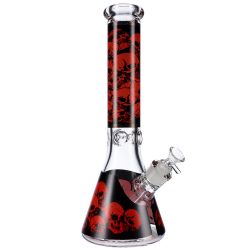 Glass Beaker Ice Bong with Skull Print | White | side view 1